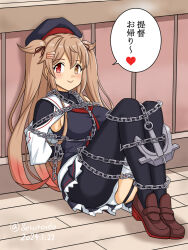 1girl anchor arms_behind_back bdsm black_ribbon black_serafuku blush bondage bound breasts brown_eyes chain cloud_hair_ornament dated geru gloves gradient_hair hair_between_eyes hair_flaps hair_ornament hair_ribbon hairclip heterochromia indoors kantai_collection large_breasts light_brown_hair long_hair looking_at_viewer multicolored_hair murasame_(kancolle) murasame_kai_ni_(kancolle) neckerchief panties partial_bodysuit red_eyes red_neckerchief ribbon scarf school_uniform serafuku sitting smile solo speech_bubble translated twitter_username two_side_up underwear white_panties white_scarf wooden_floor
