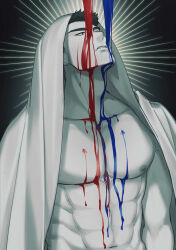 Rule 34 | 1boy, abs, adam&#039;s apple, ao isami, bara, black hair, blood, blood on pectorals, cloak, contrast, facial hair, headscarf, highres, large pectorals, looking up, male focus, muscular, muscular male, naked cloak, navel, nipples, pectorals, sideburns stubble, solo, spot color, stomach, stubble, sunburst, thick eyebrows, upper body, yuuki bakuhatsu bang bravern, yuzuki (hmr813k)