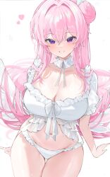 1girl absurdres bikini blush breasts cleavage collar collarbone commentary dorothy_(nikke) frilled_bikini frills goddess_of_victory:_nikke grin groin gurami_(zangizarang) hair_between_eyes hair_bun heart highres huge_breasts long_hair looking_at_viewer navel pink_eyes pink_hair ribbon simple_background single_side_bun smile solo stomach swimsuit thighs white_background white_bikini white_collar white_ribbon