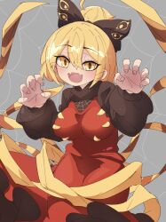 1girl :d black_bow black_shirt blonde_hair blush bow breasts brown_dress claw_pose commentary_request cowboy_shot dress fangs grey_background hair_between_eyes hair_bow hair_bun highres kurodani_yamame long_bangs long_sleeves looking_at_viewer medium_breasts open_mouth pinafore_dress ryouryou shirt short_hair silk single_hair_bun skin_fangs sleeveless sleeveless_dress smile solo spider_web touhou yellow_eyes