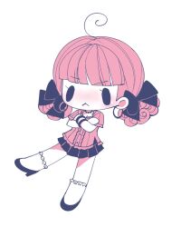 Rule 34 | 1girl, :&lt;, ahoge, bead necklace, beads, black bow, black skirt, bow, breasts, chibi, chibi only, chika (vocaloid), cleavage, closed mouth, commentary, crossed arms, earrings, english commentary, frilled shirt, frills, fukigen waltz (vocaloid), hair bow, high heels, highres, hoop earrings, jewelry, light blush, necklace, pink hair, pink shirt, pleated skirt, shirt, short hair, short sleeves, simple background, skirt, socks, solid oval eyes, solo, treebarkagain, vocaloid, wavy hair, white background, white socks