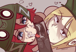 1boy 2girls :&gt;= brown_eyes buhanka-chan cooperative_fellatio cum cum_on_body dark-skinned_male dark_penis dark_skin erection facial fellatio ffm_threesome from_above glebscream green_hat group_sex hat heart heart_in_eye hetero highres interracial kissing_penis licking licking_penis looking_at_viewer marichka multiple_girls oral peaked_cap penis pov red_hair russia russian_text russo-ukrainian_war soldier symbol_in_eye teamwork_(sexual) threesome tongue tongue_out ukraine