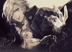 1boy coat edmond_dantes_(fate) edmond_dantes_(monte_cristo_uniform)_(fate) fangs fate/grand_order fate_(series) high_collar koshika_rina long_sleeves looking_at_viewer magic male_focus neckerchief open_mouth red_eyes short_hair slit_pupils solo spot_color twitter_username