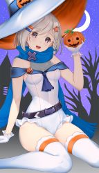 1girl belt black_belt blue_cape blue_scarf blue_sky braid cape commentary crescent_moon frilled_leotard frills gloves hair_ornament hair_tie hairclip hat hataraki_kuma highres holding jack-o&#039;-lantern_ornament leotard looking_at_viewer mole mole_under_eye moon night night_sky open_mouth orange_hat orange_thighhighs original outdoors purple_eyes scarf short_hair side_braid silver_hair sitting sky smile solo star_(sky) star_(symbol) star_hair_ornament starry_sky striped_clothes striped_thighhighs thighhighs two-sided_fabric two-sided_headwear wariza white_gloves white_hat white_leotard witch_hat