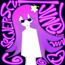 1girl chibi flower glowing hibiscus highres long_hair lracfilib non-web_source pale_skin purple_hair retro_artstyle sewerslvt