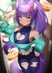 1girl :t absurdres animal_ear_fluff animal_ears belt black_pants blue_eyes blue_shirt blurry blurry_background blush breasts cardigan cat_ears cat_girl cat_tail cha_cha_(vtuber) cleavage cleavage_cutout clothing_cutout cropped_shirt door earrings food gawawawa green_cardigan heart_cutout highres holding holding_sandals indie_virtual_youtuber jewelry large_breasts long_hair long_sleeves mole mole_under_mouth navel_piercing necklace pants pie piercing plant ponytail potted_plant purple_hair purple_nails sample_watermark sandals shirt sleeveless sleeveless_shirt tail torn_clothes torn_pants virtual_youtuber watermark white_belt