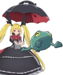 1girl blazblue blonde_hair blush bow dress familiar frills frog gothic_lolita hair_ribbon highres himoggst lolita_fashion long_hair nago rachel_alucard red_bow red_eyes ribbon simple_background twintails underwear very_long_hair white_background