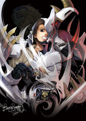 2boys armor asakura_takeshi bawang-ryuuzaki blonde_hair broken_armor card claws clenched_teeth contract_monster dark_background evil_smile holding holding_card kamen_rider kamen_rider_gai kamen_rider_ouja kamen_rider_ryuki_(series) looking_down metalgelas multiple_boys shibaura_jun smile teeth tokusatsu v_buckle