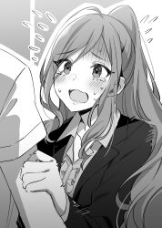 Rule 34 | 1boy, 1girl, absurdres, blouse, blush, collared shirt, commentary request, crying, flying sweatdrops, greyscale, high ponytail, highres, jacket, kageishi sumire, lapels, long hair, looking at another, monochrome, notched lapels, novel illustration, office lady, official art, open mouth, ponytail, second-party source, shirt, short sleeves, solo focus, sweat, tears, tomari (veryberry00), tomodachi no imouto ga ore ni dake uzai, wing collar, worried