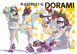 1990s_(style) 1girl absurdres adjusting_footwear apron ass asymmetrical_gloves back_bow bell black_eyes black_hair blue_collar bow breasts burger buttons carhop cat_tail character_name collar cup doraemon dorami drinking_glass drinking_straw edoya_inuhachi elbow_gloves fake_tail flower food frilled_apron frills full_body gloves hair_bow hand_on_own_hip hand_up hat headphones headset highres holding holding_tray humanization hurricane_glass ice_cream ice_cream_float jingle_bell kneehighs large_buttons long_hair looking_at_viewer medium_breasts microphone mini_flag neck_bell one_eye_closed open_mouth ponytail puffy_shorts red_bow red_shoes retro_artstyle roller_skates shadow shirt shoes short_sleeves shorts single_elbow_glove sitting skates smile socks solo standing surprised swept_bangs tail tail_flower tail_ornament tray uneven_gloves vest visor_cap waist_apron waitress white_bow white_gloves white_hat white_shirt white_socks white_tail wide_sleeves yellow_shorts yellow_vest