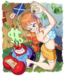 1boy 1girl banknote bikini bikini_top_only blue_bikini blue_shirt brown_eyes coin collared_shirt crossover highres holed_coin long_hair money mr._krabs nami_(one_piece) ok_sign one_eye_closed one_piece orange_hair orange_shorts percodine sandals scottish_flag shirt short_shorts short_sleeves shorts spongebob_squarepants_(series) swimsuit tongue tongue_out wanted_poster