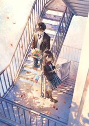 1boy 1girl autumn autumn_leaves blazer book brown_eyes brown_hair falling_leaves highres holding holding_book jacket leaf long_hair long_sleeves neckerchief original pleated_skirt reading school school_uniform serafuku shirt short_hair skirt socks sousou_(sousouworks) stairs sunset