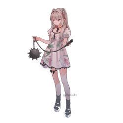 1girl absurdres alternate_costume ball_and_chain_(weapon) black_socks bow brown_hair closed_mouth colored_inner_hair dress expressionless floral_print floral_print_dress full_body hair_bow hair_intakes hashtag-only_commentary highres holding holding_weapon koze_niire long_hair makaino_ririmu multicolored_hair nijisanji open-toe_shoes pink_eyes pink_hair platform_shoes pointy_ears print_dress puffy_short_sleeves puffy_sleeves shoes short_sleeves simple_background socks solo spiked_ball_and_chain standing streaked_hair twitter_username two-tone_hair two_side_up virtual_youtuber weapon white_background white_dress