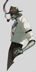 1boy arknights belt brown_hat brown_pants clothed_robot collared_shirt commentary_request cropped_legs duplicate facial_hair fedora from_side grey_background hand_on_own_hip hat highres humanoid_robot kaifei_(kaifei_29) male_focus mustache open_clothes open_shirt pants red_eyes robot scar scar_on_arm scar_on_chest shirt shirt_tucked_in simple_background smoke smoking_pipe solo tin_man_(arknights) white_shirt