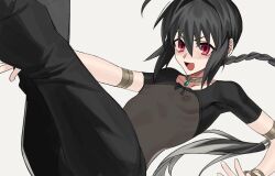 1other alternate_eye_color ameman androgynous armlet black_hair black_shirt blush bracelet braid braided_ponytail covered_erect_nipples fate/grand_order fate/samurai_remnant fate_(series) highres jewelry long_hair necklace open_mouth other_focus pants red_eyes see-through_clothes see-through_shirt shirt short_sleeves sidelocks single_braid smile solo yamato_takeru_(fate)