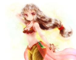1girl arm_up bikini bikini_top_only breasts brown_eyes brown_hair dancer hair_tie harem_pants jewelry long_hair looking_at_viewer medium_breasts midriff navel original pants ring rokuroubuna simple_background