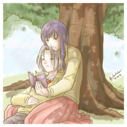 00s 2006 2girls between_legs book bookmark closed_mouth couple dated day gekido grass grey_hair hair_ornament holding holding_book laikaken leaf leaning_back leaning_on_person long_hair long_sleeves multiple_girls on_ground open_book original outdoors pants parted_bangs plant pleated_skirt purple_hair reading red_eyes red_skirt ruzenka signature sitting skirt sky sleeping sweater tree under_tree yuri