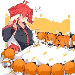 2girls ? a.i._voice adachi_rei ahoge blanket character_doll closed_mouth detached_sleeves doll drill_hair fumo_(doll) hand_up highres kasane_teto kasane_teto_(utau) long_sleeves looking_at_another multiple_girls one_eye_closed orange_eyes orange_hair red_eyes red_hair rubbing_eyes shirt sitting sleeveless sleeveless_shirt spoken_question_mark surrounded twin_drills under_covers utau yi_xing_luren