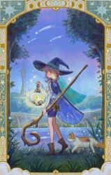 1girl billowing_cape binoculars blunt_bangs boots border brown_eyes brown_hair cape cat decorative_border female_focus grass hat hill hills hillside holding holding_lantern jenishiiarts lantern light-skin long_legs looking_at_viewer magic magical_girl night night_sky original pet_walking petite pond shooting_star short_hair shorts sky staff_(weapon) star_(sky) starry_sky tower tree witch witch_hat