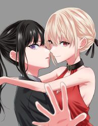 2girls bare_arms black_hair black_jacket black_ribbon blonde_hair chorisow_(delta_chord) closed_mouth commentary dress grey_background hair_ribbon highres imminent_kiss inoue_takina jacket long_hair looking_at_viewer lycoris_recoil multiple_girls nishikigi_chisato parted_lips ponytail purple_eyes red_dress red_eyes ribbon simple_background sleeveless sleeveless_dress smile yuri