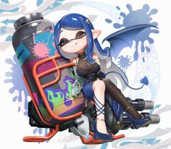 1girl ;q anklet bare_shoulders blue_dress blue_eyes blue_hair blue_shoes blue_tail blue_wings bodystocking breasts cleavage closed_mouth commentary demon_girl demon_tail demon_wings dress full_body hair_ornament heart heart_in_eye highres hydra_splatling_(splatoon) inkling inkling_girl inkling_player_character jewelry large_breasts long_hair mole mole_under_eye nintendo one_eye_closed parted_bangs pointy_ears puchiman shoes solo splatoon_(series) star_(symbol) star_hair_ornament strapless strapless_dress symbol-only_commentary symbol_in_eye tail tentacle_hair tongue tongue_out wings