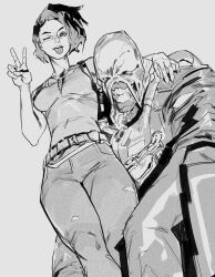 Rule 34 | 1boy, 1girl, felipe magana, grey background, greyscale, highres, jill valentine, monochrome, nemesis (resident evil), one eye closed, pants, person on shoulder, resident evil, resident evil 3: nemesis, resident evil 3 (remake), selfie, shirt, short hair, simple background, smile, tongue, tongue out, v