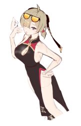 1girl 4q_(lokcy516) absurdres black_dress blonde_hair breasts china_dress chinese_clothes cleavage cleavage_cutout clothing_cutout dress eyewear_on_head hair_over_one_eye hand_on_own_hip highres looking_at_viewer purple_eyes sleeveless sleeveless_dress solo sunglasses sweety_(zenless_zone_zero) zenless_zone_zero