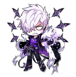Rule 34 | 1boy, absurdres, add (elsword), angry, belt, belt buckle, black belt, black coat, black gloves, black jacket, black pants, black shoes, buckle, chibi, clenched teeth, coat, coat on shoulders, collared jacket, crossed belts, earbuds, earphones, electricity, electrokinesis, elsword, fur-trimmed coat, fur-trimmed sleeves, fur trim, game cg, gloves, grey hair, hair over one eye, high collar, highres, hwansang, jacket, keyring, male focus, messy hair, no pupils, official art, open clothes, open jacket, pants, pointy ears, purple belt, purple coat, purple shirt, robot, second-party source, shirt, shoes, short hair, short sleeves, smile, solo, standing, stitched neck, stitches, studded belt, tachi-e, teeth, transparent background, two-sided coat, two-sided fabric, v-shaped eyes