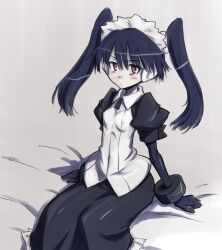 bad_tag black_hair black_skirt closed_mouth copyright_request feet_out_of_frame glare_(aki_masanari) glaring maid_headdress puffy_short_sleeves puffy_sleeves red_eyes robot_ears short_sleeves skirt tagme twintails white_background yktskatch