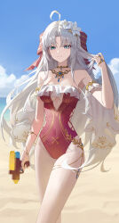1girl absurdres ahoge aqua_eyes bare_shoulders blue_sky bow breasts carlotta_(splashing_summer)_(wuthering_waves) carlotta_(wuthering_waves) casual_one-piece_swimsuit closed_mouth commentary covered_navel cowboy_shot day flower grey_hair hair_bow hair_flower hair_ornament hand_up highleg highleg_one-piece_swimsuit highres holding holding_water_gun llami_0 long_hair looking_at_viewer medium_breasts off-shoulder_one-piece_swimsuit off_shoulder official_alternate_costume one-piece_swimsuit outdoors parted_bangs pink_bow pink_one-piece_swimsuit sky smile solo striped_bow swimsuit thighs very_long_hair water_gun white_flower wuthering_waves