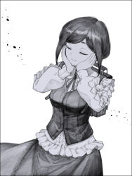 1girl backpack bag breasts closed_eyes closed_mouth collared_shirt commentary_request cowboy_shot facing_viewer frilled_shirt frilled_sleeves frills fukurai_azami greyscale hands_on_own_cheeks hands_on_own_face hands_up long_sleeves medium_breasts monochrome puffy_long_sleeves puffy_sleeves shirt short_hair simple_background skirt smile solo standing tatuta_ryu toshi_densetsu_kaitai_center white_background