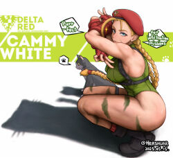 1girl beret blonde_hair blue_eyes bodypaint boots braid breasts cammy_white cat cat_paw cat_shadow_puppet_(meme) commentary english_commentary fingerless_gloves gloves hat hershuar large_breasts leotard meme scar shadow solo street_fighter thick_thighs thighs toned twintails