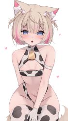 1girl absurdres animal_ear_fluff animal_ears animal_print bikini blonde_hair blue_eyes breasts cow_print cow_print_bikini dog_ears dog_girl dog_tail highres hiroside hololive hololive_english looking_at_viewer mococo_abyssgard multicolored_hair navel open_mouth pink_hair print_bikini short_hair small_breasts solo swimsuit tail two-tone_hair virtual_youtuber