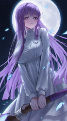 1girl absurdres blunt_bangs breasts closed_mouth commentary_request dress falling_petals fern_(sousou_no_frieren) full_moon hair_intakes highres holding holding_staff large_breasts long_hair looking_at_viewer mage_staff mohaka_(m_0haka) moon night night_sky petals purple_eyes purple_hair purple_petals purple_pupils sky solo sousou_no_frieren staff straight_hair turtleneck turtleneck_dress v_arms white_dress