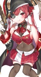 1girl :q antique_firearm arrow_(projectile) arrow_through_heart bare_shoulders bicorne black_hat black_jacket blush breasts brown_leotard brown_thighhighs cleavage closed_mouth commentary covered_navel eyepatch feet_out_of_frame firearm gloves gun hair_between_eyes hair_ribbon hand_up handgun hat heart highres holding holding_gun holding_weapon hololive houshou_marine jacket leotard leotard_under_clothes long_hair looking_at_viewer medium_breasts mizuki_ryuu off_shoulder open_clothes open_jacket pistol pleated_skirt red_eyes red_hair red_neckwear red_ribbon red_shirt red_skirt ribbon see-through_clothes see-through_cleavage shirt simple_background sitting skirt sleeveless sleeveless_shirt smile solo thighhighs tongue tongue_out twintails virtual_youtuber weapon white_background white_gloves