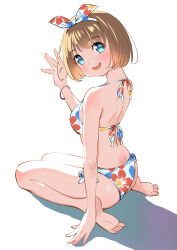 Rule 34 | 1girl, bikini, blonde hair, blue eyes, bracelet, floral print, floral print bikini, full body, halterneck, jewelry, looking at viewer, open mouth, original, seiza, shadow, short hair, simple background, sitting, soles, solo, swimsuit, toes, upper body, white background, yamanaka kouji (yanchiki2001)