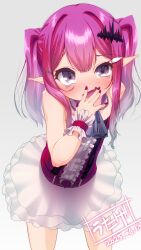 1girl aged_down baobhan_sith_(fate) baobhan_sith_(first_ascension)_(fate) blush dress fang fate/grand_order fate_(series) frilled_dress frills grey_eyes hair_ornament highres looking_at_viewer mesugaki open_mouth pink_hair pointy_ears red_dress sidelocks skirt smug solo twintails utage_nicholas white_background white_skirt