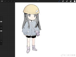 1girl aged_down alternate_costume art_program_in_frame bag bare_legs black_hair black_shorts blue_jacket boots bottle buttons child chinese_commentary closed_mouth collared_jacket commentary_request corallo expressionless eyelashes grey_eyes hair_ornament hairclip haru_(len&#039;en) helmet highres jacket len&#039;en light_frown long_hair long_sleeves pocket procreate_(medium) procreate_(software) puffy_long_sleeves puffy_sleeves purple_bag purple_boots shorts shoulder_bag sidelocks simple_background solo standing straight_hair watermark weibo_watermark white_background wing_hat_ornament yellow_helmet
