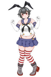 1girl arms_up black_hair boots braid breasts cosplay elbow_gloves gloves hair_ornament hair_ribbon highleg highleg_panties jingei_(kancolle) kantai_collection large_breasts midriff_peek navel panties plump red_eyes ribbon sailor_collar shimakaze_(kancolle) shimakaze_(kancolle)_(cosplay) skirt solo standing striped_clothes striped_thighhighs suda_(yuunagi_enikki) thighhighs underwear
