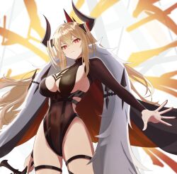 &gt;:( 1girl absurdres black_cape black_horns black_leotard blonde_hair breasts bright_pupils cape cleavage commentary counter:side cowboy_shot demon_horns ecclesia_(counter:side) floating_hair frown fur_scarf gluteal_fold groin hair_between_eyes halter_leotard halterneck highleg highleg_leotard highres holding holding_weapon horns large_breasts leotard long_hair looking_at_viewer mole mole_under_eye official_alternate_costume osunahanko red_cape red_eyes ringed_eyes sideboob solo spread_fingers thigh_strap two-tone_cape v-shaped_eyebrows weapon white_background white_pupils