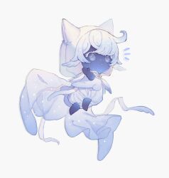Rule 34 | 1boy, animal ears, arm up, blue bow, blue bowtie, blue cloak, blue eyes, blue skin, bow, bowtie, brooch, cat boy, cat ears, cat tail, cloak, colored eyelashes, colored skin, ear covers, faewish sprite, fins, floating, full body, giroda (infinity nikki), gradient cloak, head fins, infinity nikki, jewelry, kemonomimi mode, looking ahead, male focus, nikki (series), notice lines, open mouth, romper, short hair, simple background, solo, star brooch, starry sky print, tail, tareme, tinakko, two-tone cloak, waving, white background, white cloak, white hair, white romper