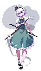 1girl absurdres artist_request black_bow black_bowtie black_hairband black_shoes bow bowtie closed_mouth collared_shirt commentary commentary_request english_commentary flower frilled_skirt frills full_body green_eyes green_skirt green_vest hairband highres hitodama hitodama_print holding holding_sword holding_weapon katana konpaku_youmu konpaku_youmu_(ghost) looking_at_viewer mary_janes mixed-language_commentary multiple_swords pink_flower psd_available puffy_short_sleeves puffy_sleeves second-party_source sheath sheathed shirt shoes short_hair short_sleeves skirt skirt_set smile socks solo split_mouth sword tachi-e touhou transparent_background vest weapon white_hair white_shirt white_socks
