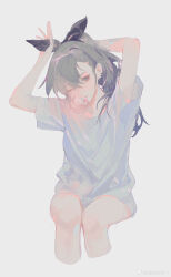 1girl absurdres arms_up black_bow blowing_bubbles bow chewing_gum chinese_commentary commentary_request cropped_legs earrings grey_background grey_eyes grey_hair hair_bow highres honkai:_star_rail honkai_(series) invisible_chair jewelry long_hair looking_at_viewer no_pants one_eye_closed shirt short_sleeves shu_kunkuokuozi silver_wolf_(honkai:_star_rail) sitting solo t-shirt white_shirt