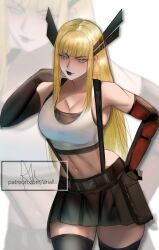 1girl arialla_draws bare_shoulders black_skirt blonde_hair blue_eyes breasts cosplay crop_top elbow_gloves final_fantasy final_fantasy_vii fingerless_gloves gloves highres large_breasts long_hair looking_at_viewer magik_(x-men) marvel midriff miniskirt navel simple_background skirt smile solo suspender_skirt suspenders tank_top thighhighs tifa_lockhart tifa_lockhart_(cosplay) x-men