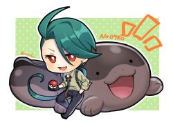 1girl :d black_gloves black_necktie black_pants chibi chibi_only clodsire collared_shirt earrings full_body gloves green_hair hair_between_eyes hand_in_pocket highres holding holding_poke_ball jewelry long_hair looking_at_viewer mipokec necktie nintendo open_mouth pants poke_ball poke_ball_(basic) pokedex_number pokemon pokemon_(creature) pokemon_sv red_eyes rika_(pokemon) shirt simple_background smile suspenders twitter_username very_long_hair