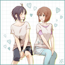 antenna_hair aoaoaoaoiao black_hair black_shorts blue_pants bob_cut brown_eyes brown_hair closed_eyes gym_shorts hagiwara_yukiho heart idolmaster idolmaster_(classic) kikuchi_makoto light_blush looking_at_another pants parted_bangs purple_shirt shirt shorts smile sweatband track_pants undershirt workout_clothes