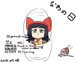 1girl artist_name black_hair chibi dated fingerless_gloves gloves grey_eyes hair_ribbon japanese_text jump_rope jumping legs long_hair looking_at_viewer mamahaha nakoruru pants ribbon samurai_spirits smile snk the_king_of_fighters thighs translation_request