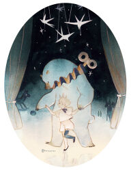1boy animal ball bear blonde_hair border child creature crown curtains highres night oval_image owlyjules polar_bear prosthesis prosthetic_leg ribbon rocking_horse shirt short_hair shorts standing star_(sky) white_border winding_key