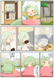 anchovy_(girls_und_panzer) anzai_romi breakfast child food futon girls_und_panzer green_eyes green_hair highres hungry jinguu_(4839ms) long_hair messy_hair mother_and_daughter room sleeping sleepy soup translation_request