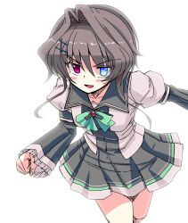 Rule 34 | 1girl, 9-nine-, :d, black dress, black hair, bloom, blue eyes, blush, bow, bowtie, breasts, clenched hand, collared dress, commentary, dress, eyes visible through hair, fighting stance, frilled sleeves, frills, green bow, green bowtie, hair between eyes, hair intakes, hair ornament, hairclip, heterochromia, highres, juliet sleeves, leaning forward, long sleeves, looking at viewer, open mouth, pleated dress, puffy sleeves, red eyes, school uniform, short hair with long locks, simple background, small breasts, smile, smug, solo, symbol-shaped pupils, v-shaped eyebrows, white background, wide sleeves, youei (maiko), yuuki noa